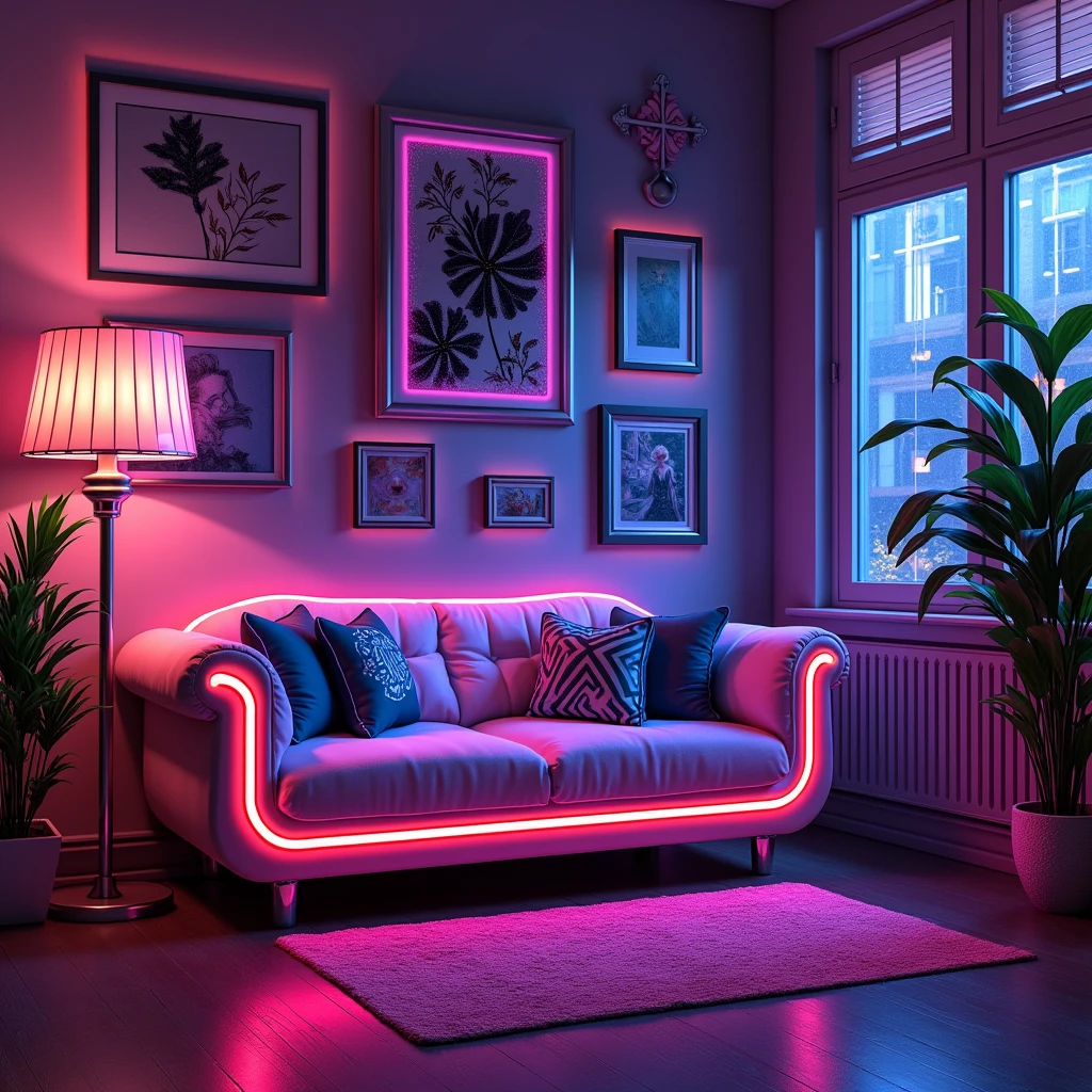 There is a room with a cyberpunk themed couch with neon lights and in a ager's room with frames and it says tokaan