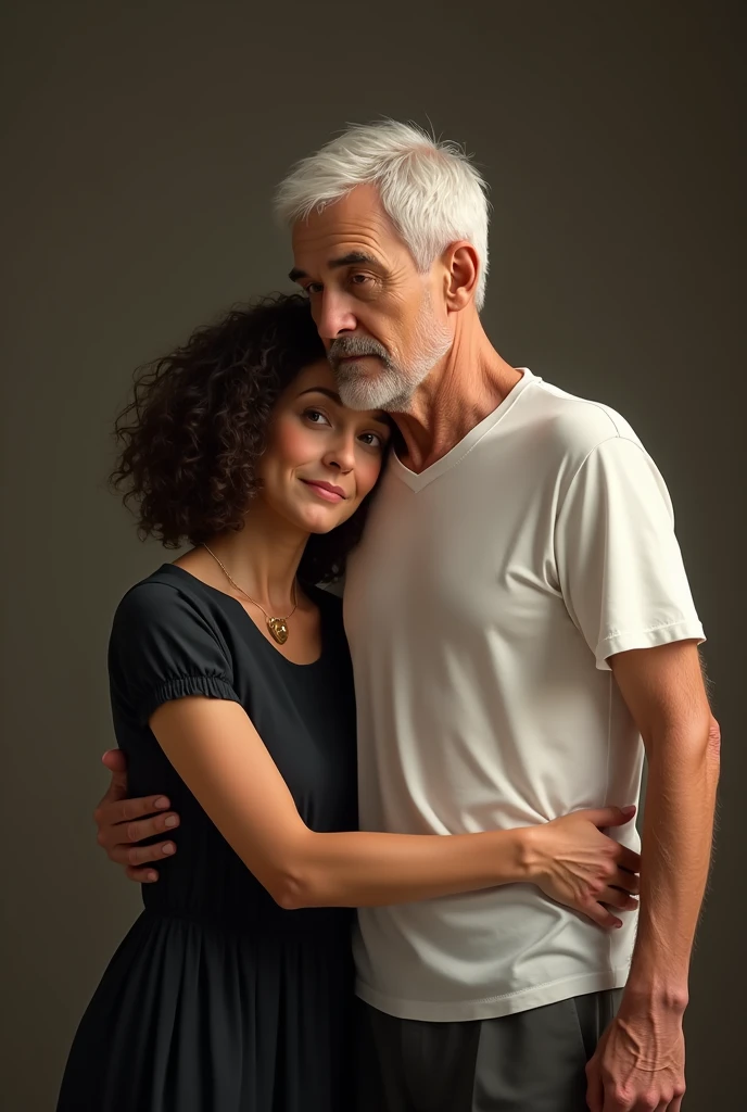 a 50-year-old woman who looks like a 45-year-old woman with curly hair and shoulder-length black dress hugging her 85-year-old father with short white straight hair wearing a white t-shirt with slanted eyes and a 50-year-old with a round face without a beard