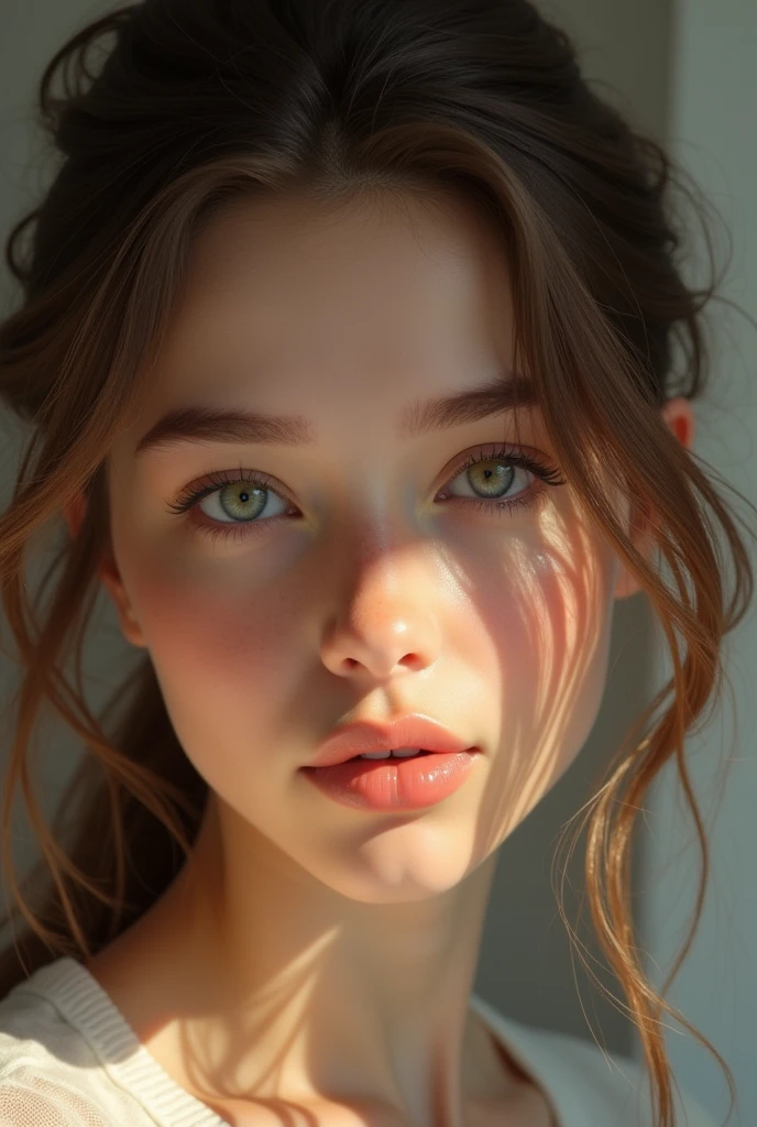 young 22-year old Caucasianwoman,green eyes, rounded eye shape, cute gaze,full lips, diamond shaped face, small nose, curved round eyebrows