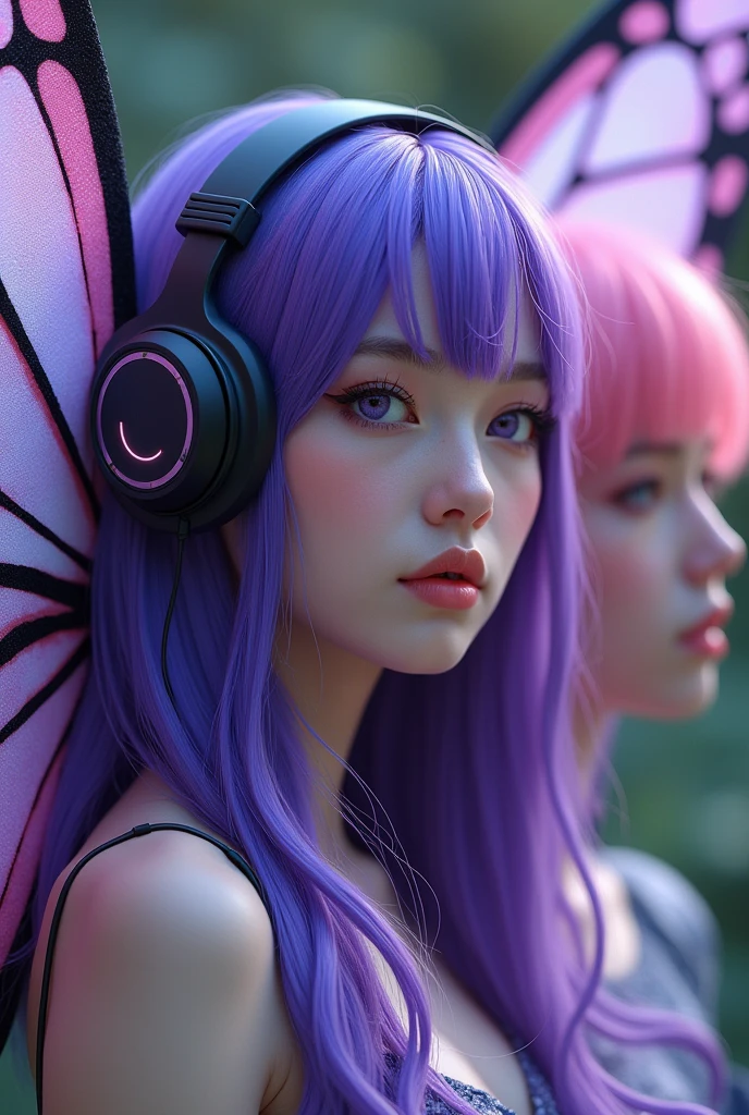 Korean purple hair butterfly woman with headphone and pink dress and pink hair man 