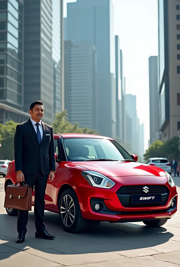 Maruti suzuki Swift car in dark red colour stand beside A business men in 4k
