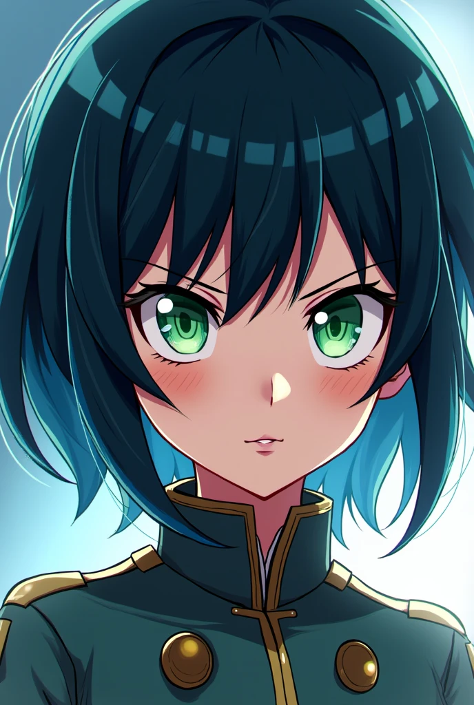 boku no hero academia template, 15 year old girl, with short dark hair with extensions degraded in blue tones and green eyes