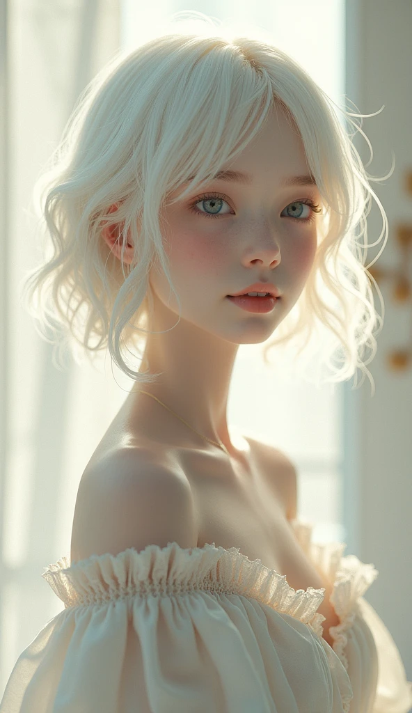 positive prompt albina: beautiful albino girl, fair skin, light hair, platinum blonde, pale complexion, delicate features, bright eyes, white hair, soft glow, ethereal beauty, elegant appearance, porcelain skin, radiant smile, clear blue eyes, graceful, gentle expression, smooth skin, refined look, striking contrast, angelic, serene, pure, unique beauty, youthful charm, soft lighting, natural makeup, harmonious, stunning, glowing aura,