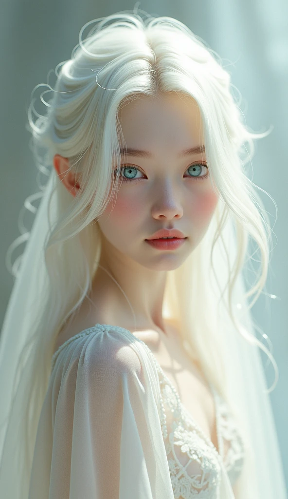 positive prompt albina: beautiful albino girl, fair skin, light hair, platinum blonde, pale complexion, delicate features, bright eyes, white hair, soft glow, ethereal beauty, elegant appearance, porcelain skin, radiant smile, clear blue eyes, graceful, gentle expression, smooth skin, refined look, striking contrast, angelic, serene, pure, unique beauty, youthful charm, soft lighting, natural makeup, harmonious, stunning, glowing aura,
