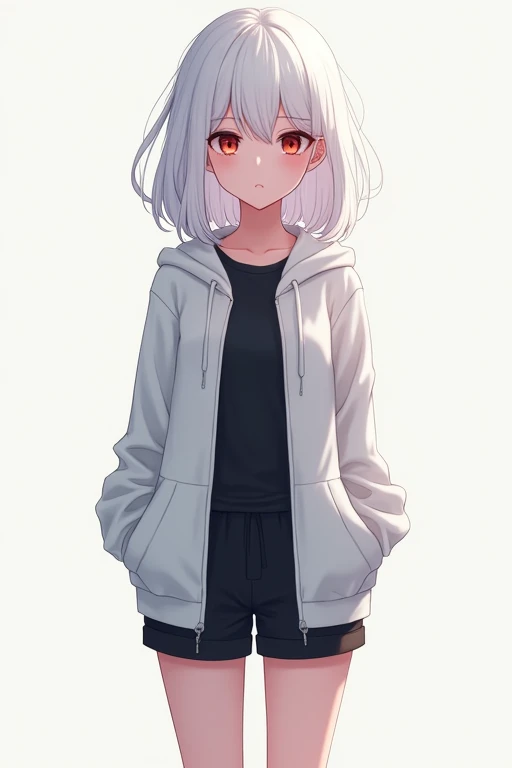 An image showing the head of a beautiful anime girl with a blank look, with fluffy white hair that is slightly longer than short, red eyes, fair skin, wearing a white hoodie over a black shirt, black shorts, and black shoes.