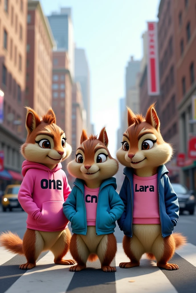 live-action with three anthropomorphic female squirrels, 'Alvin and the Chipmunks',' in the middle of a busy street in a big city. Two of the squirrels, One e sofia, They are 7 year old twins, the same size and age., enquanto a lara, she is 10 years old and is a little taller and seems to be the oldest. Lara has to be in the middle, e a One e a sofia nas pontas. The squirrels are wearing human clothes: "One" wears a pink sweatshirt with her name written on it, "lara" wears a blue jacket with his name written on it and "sofia" wears a pink sweatshirt with his name written on it. Ao fundo, There are tall buildings, street signs and cars, capturing the vibrant atmosphere of a big city during the day