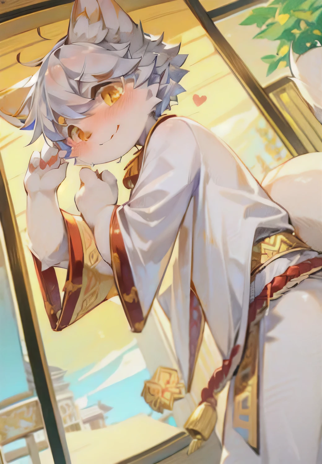 Cat Boy，Q version，cute，Hairy all over，Big furry tail，Orange white fur，Silver hair，Sparkling golden eyes，Hanfu，Chinese-style palace，blush，Smile，