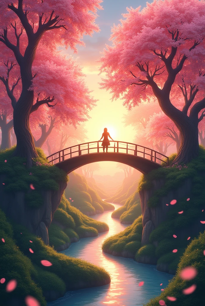 In the heart of a fantastical maze, a wondrous world unfolds: a vibrant cherry blossom grove at sunset. Soft pink petals drift through the air, while golden light filters through the trees, casting a warm glow over a peaceful river winding through the landscape. A solitary figure stands on a bridge, admiring the serene beauty of nature