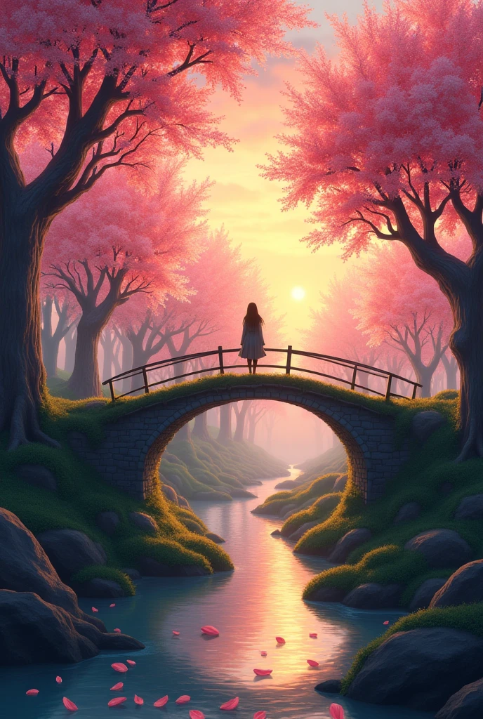 In the heart of a fantastical maze, a wondrous world unfolds: a vibrant cherry blossom grove at sunset. Soft pink petals drift through the air, while golden light filters through the trees, casting a warm glow over a peaceful river winding through the landscape. A solitary figure stands on a bridge, admiring the serene beauty of nature