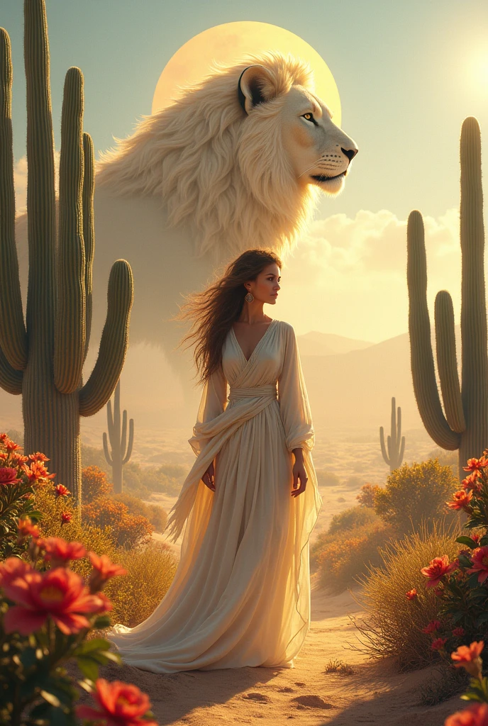 Woman in the desert with captus with flowers and the lion of Judah