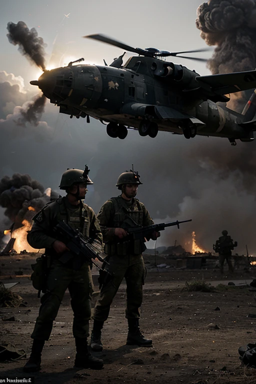 A vivid depiction of a battle scene, with Roland, the exceptional Thompson-gunner, in the foreground. He is flanked by his comrades,  Van Owen next to him, each equipped with their own Thompson submachine guns, ready to face the enemy. The background is filled with the chaos of war, with explosions, smoke, and the silhouettes of soldiers fighting bravely. The atmosphere is intense and dramatic, highlighting the bravery and camaraderie of these soldiers in the heat of battle.
