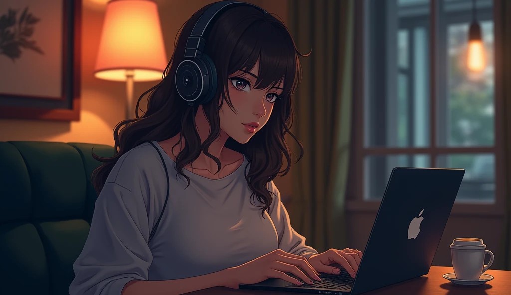 evening、High school girl listening to music in a cozy cafe、Big Breasts、 Use headphones, 2D Style Anime, Lo-Fi, Dimly lit environment、coffee、Working on a Macbook、concentrated