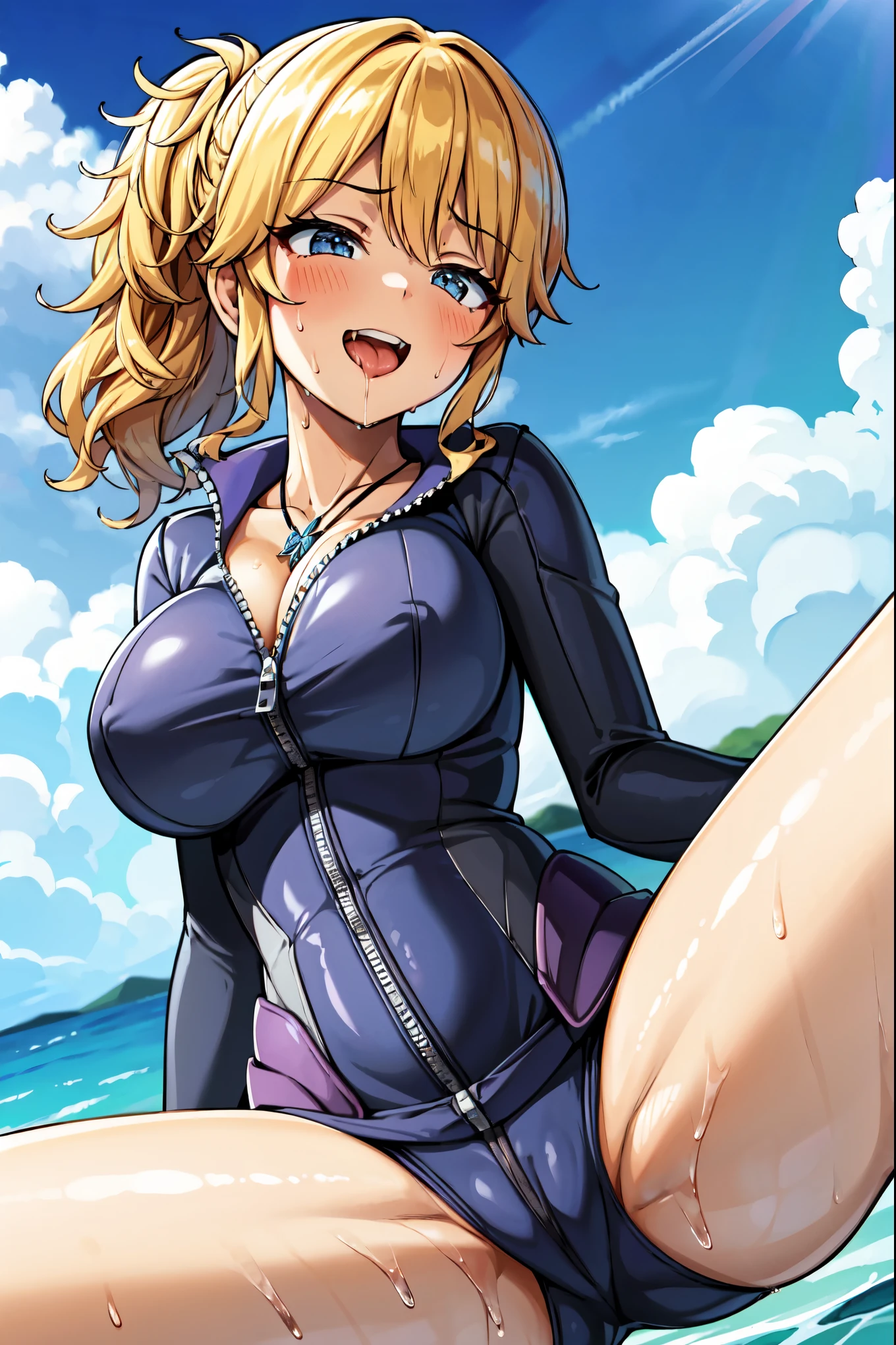 （（super high quality,Ultra-high resolution,16K,super masterpiece,Ultra HD,Ultra high definition,））One Girl,A bright and shiny pink wetsuit,Zipper open to chest,Large collar,Tight collar,popped collar,Butterfly shaped light blue necklace,Looking at the camera,Provocative smile,blush,Drooling,Leaning forward greatly,Spread your legs wide,Sweaty all over,Overflowing love juice,Top-down angle,a blue sky with clouds and sun,A lot of water splashing from below,