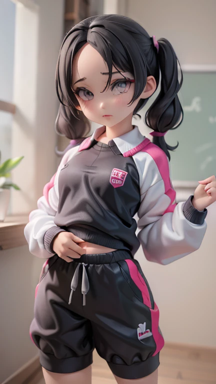 Girl、Primary school students、small、sharp、Black Hair,、Pigtails、The forehead is visible、Forehead、Jersey、Tracksuits、Clothing patterns、Clothing Design、The front is open、whole body、