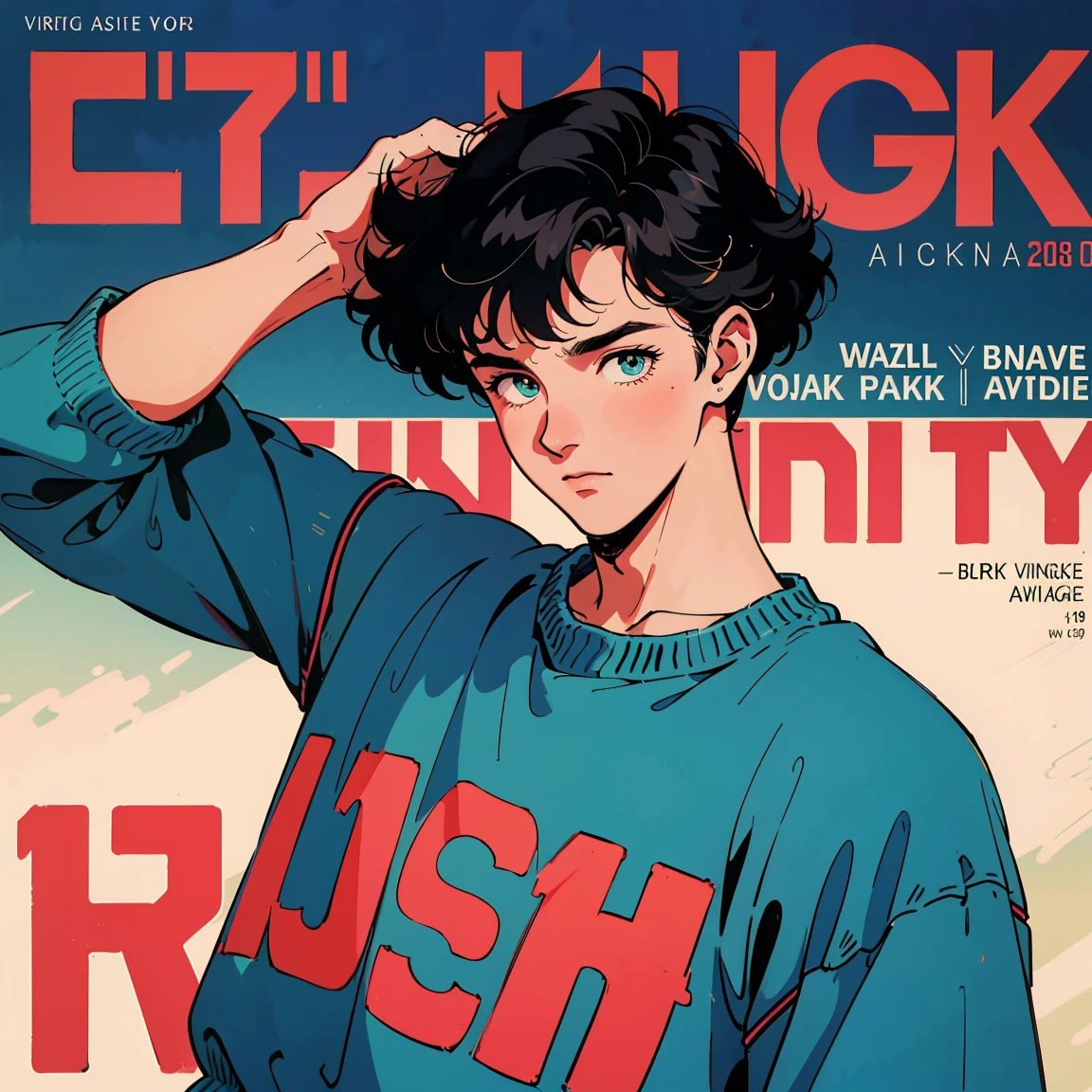 Best image quality, 1980s style animation, 26-year-old man, Mature, Black Hair, Perm, Bright Eyes, beautiful eyes, Eyeliner, vintage, Wear with a loose sweatshirt, magazine cover, whole body , City , At night in the park, Strike a pose,