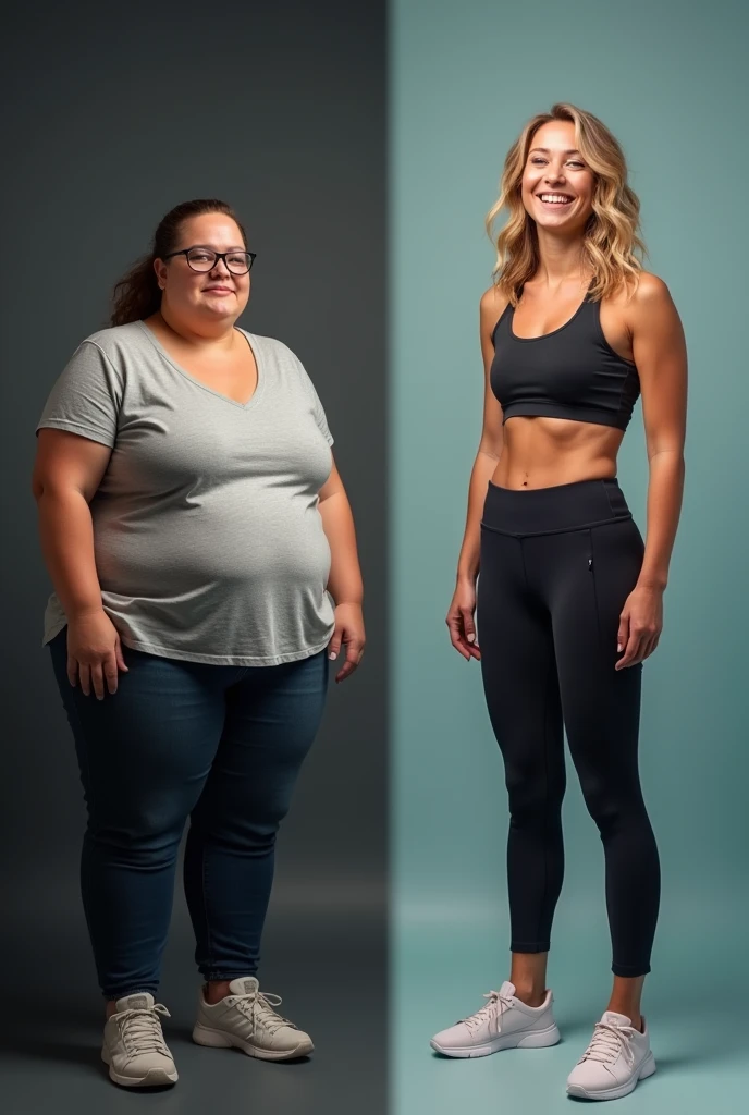 Book cover concept: A highly realistic and almost 3D quality image depicting the physical transformation of a woman from obesity to a slim, fit, and happy version of herself. On the left side, the woman is overweight, with a somber expression, wearing casual, loose clothing. On the right side, she appears slim, fit, and radiantly happy, wearing form-fitting athletic wear, with a confident and joyful smile. The background should transition smoothly from dark and muted tones on the left to bright and vibrant colors on the right, symbolizing the positive change in her life. Ensure the cover is ultra-high-definition 4K quality with a hyper-realistic style, capturing every detail of the transformation.