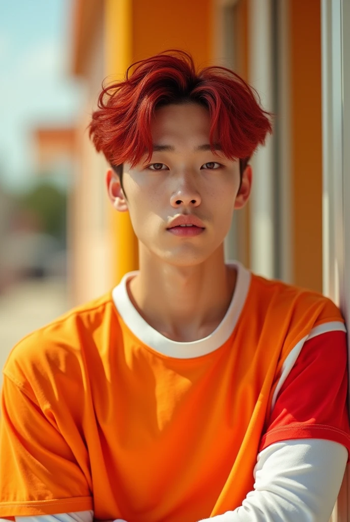 realistic photo of a korean boy, de 25 anos,, wavy red hair, gorgeous face, strong and muscular body, wearing an orange t-shirt with red and white, white collared long sleeved t-shirt , making beautiful and cute poses, perfect photo shoot, fundo summer, summer , kpop singer style, idol kpop