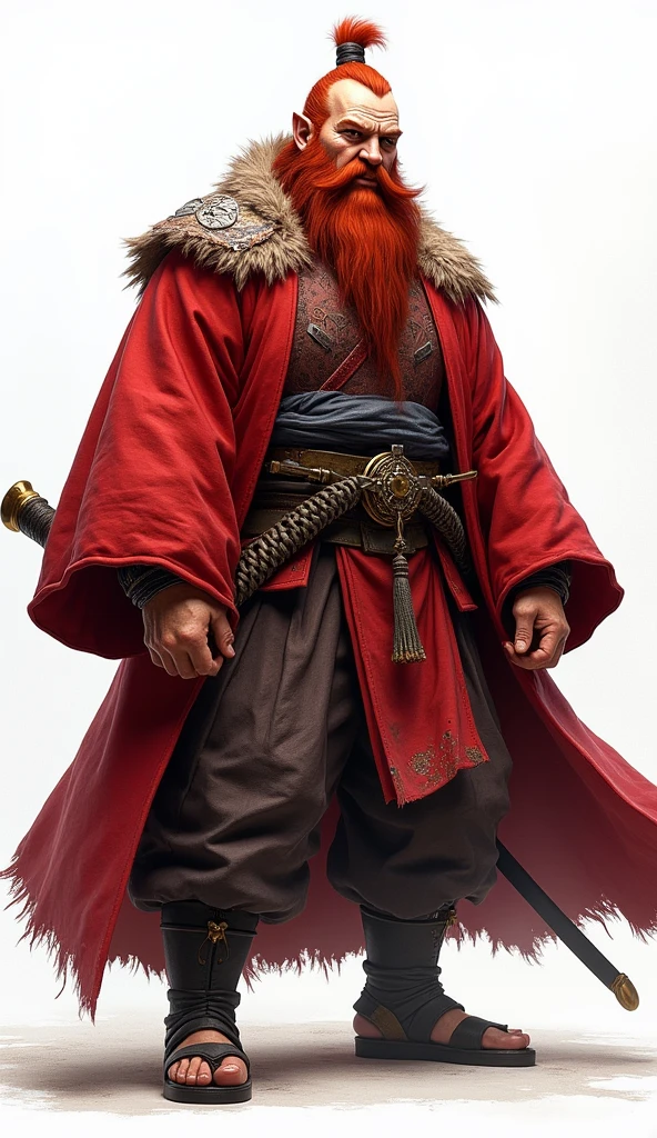 ((kimono)), (male: 1.3), dwarf, (Masterpiece, intense details: 1.5) full body, red cloak, red hair, long braided beard, hair strand, ((smile)), high detail, Realism, Action painting, depth of field, god rays, wide shot, panorama, Ultra-Wide Angle, uhd, super detail, high quality, Photorealism, 16K, highres, No background, White background, background through
