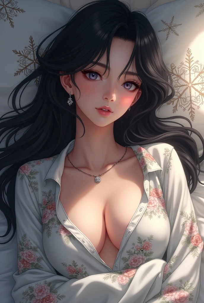 1 Girl,sheet,Black hair,Chest,Cleavage,clavicle,earrings,Floral Print,Jewelry,Spectators,Lying down,Medium fat,On the bed,Pillow,shirt,snowflake print,individual