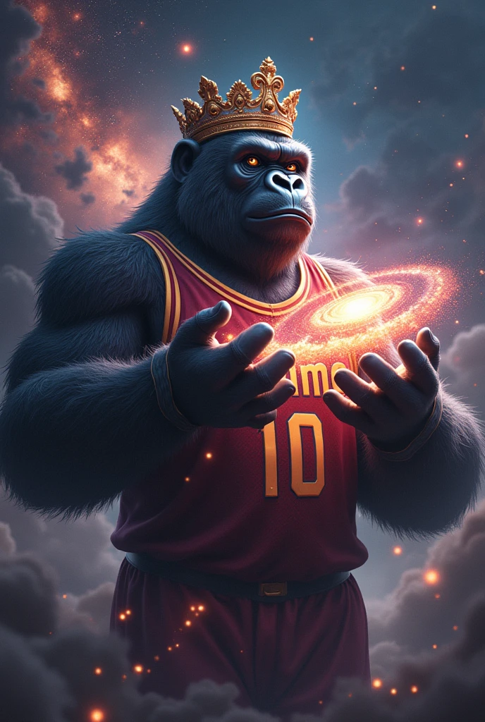gorilla with crown and basketball jersey number 10, burgundy uniform and name "UNIME" holding the galaxies, make gorilla more realistic, make it with rays and galaxies in your hands