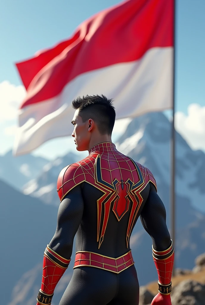 ultra realistic 3d animation wiro sableng dressed in spiderman complete with red black yellow gold clothing respectfully facing the red and white flag fluttering in the background at the top of the mountain image focus object