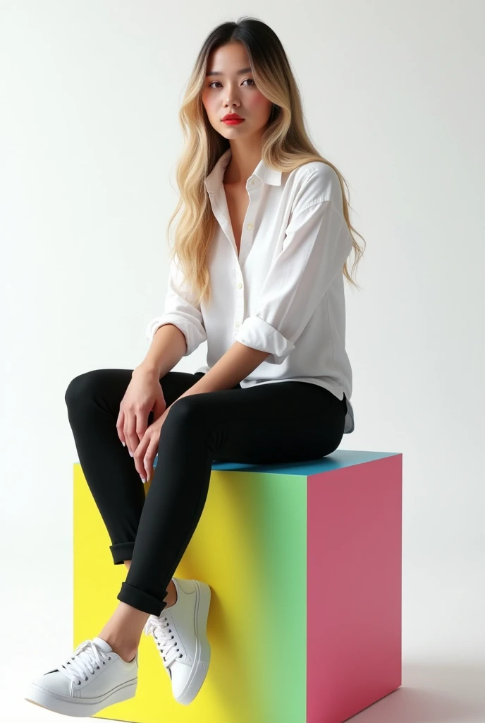 best qualityer:1.4), (ultra high resolution:1.2), (photorrealistic:1.4), (8k, CRU photo:1.2), 1womanl. Long, straight blonde hair with black highlights. eyes browns. he's wearing a white shirt. black pantaloon pants. White sneakers. She is sitting on top of a colorful cube, is in the studio with a white background