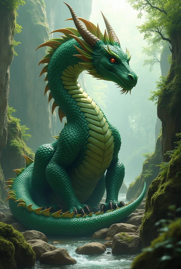 An image of a realistic green dragon ,and written seventh year realistic