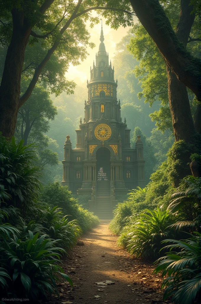 Mythical jungle filled with gold ruins and gold ststues