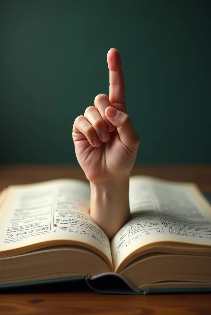 (photorealism:1.2), math book, a hand pointing up close

