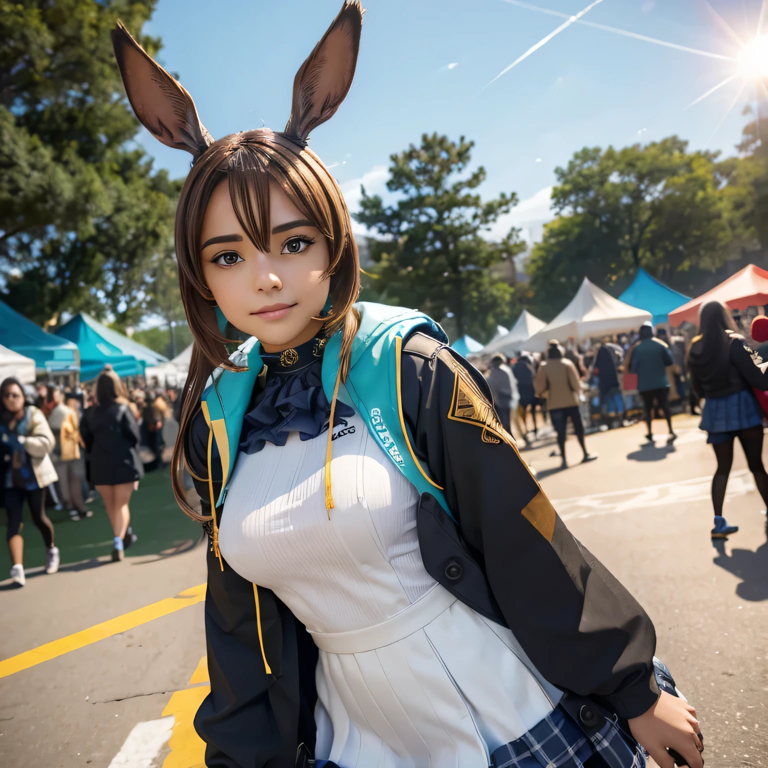 Amiya from Arknights in a detailed cosplay outfit, leaning casually against a wall at an outdoor festival event. The setting is a bright and sunny day, with vibrant festival decorations and a lively atmosphere. Amiya has small, round breasts and is positioned naturally, with her eyes reflecting the warmth of the sunlight. The background showcases a bustling crowd and colorful stalls, capturing the festive spirit.