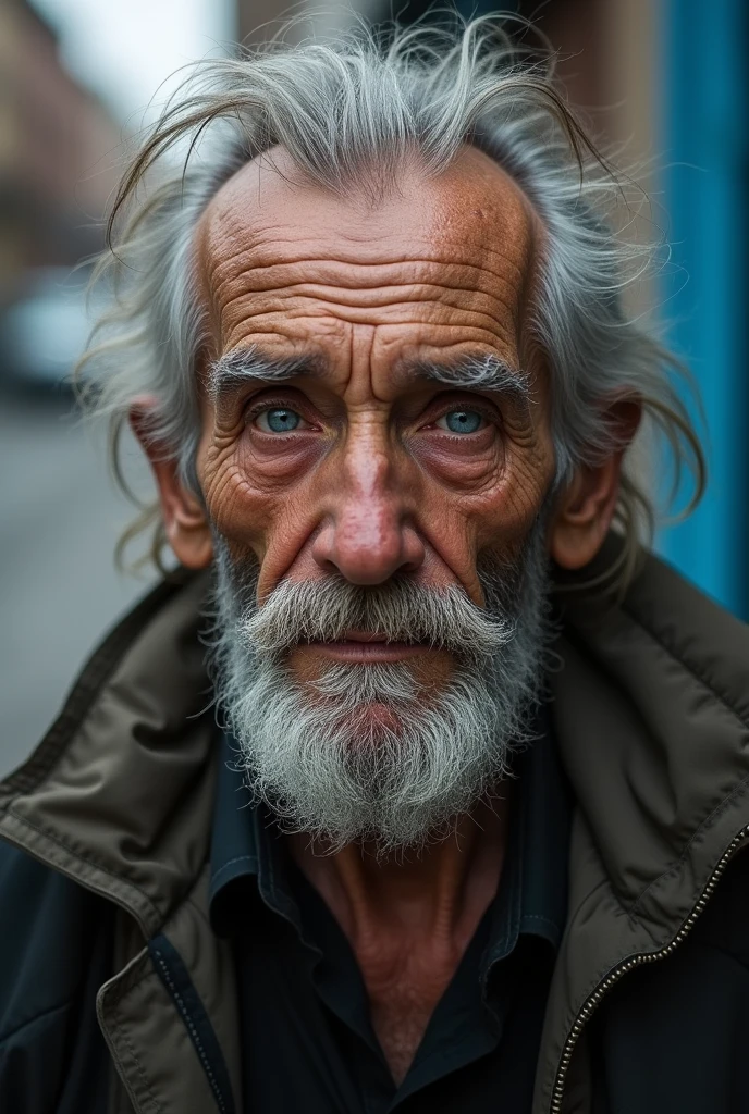 Old homeless man 65 years old. Blue eyes, a little bit small. Grey beard and hair covers with a white head. A little scar on his nose and a few hairs. Years of alcoholism.