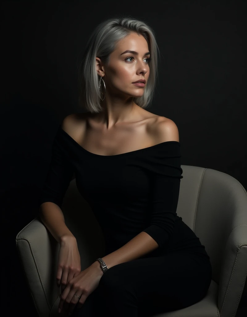 Girl sits elegantly on a modern soft chair, Against the background of a dark room, black off shoulder top, light gray hair, Sits up straight, looks straight, good lighting, realistically, photo