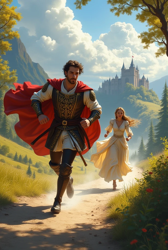 Fairytale Medieval buff prince (not armored) saving princess running away