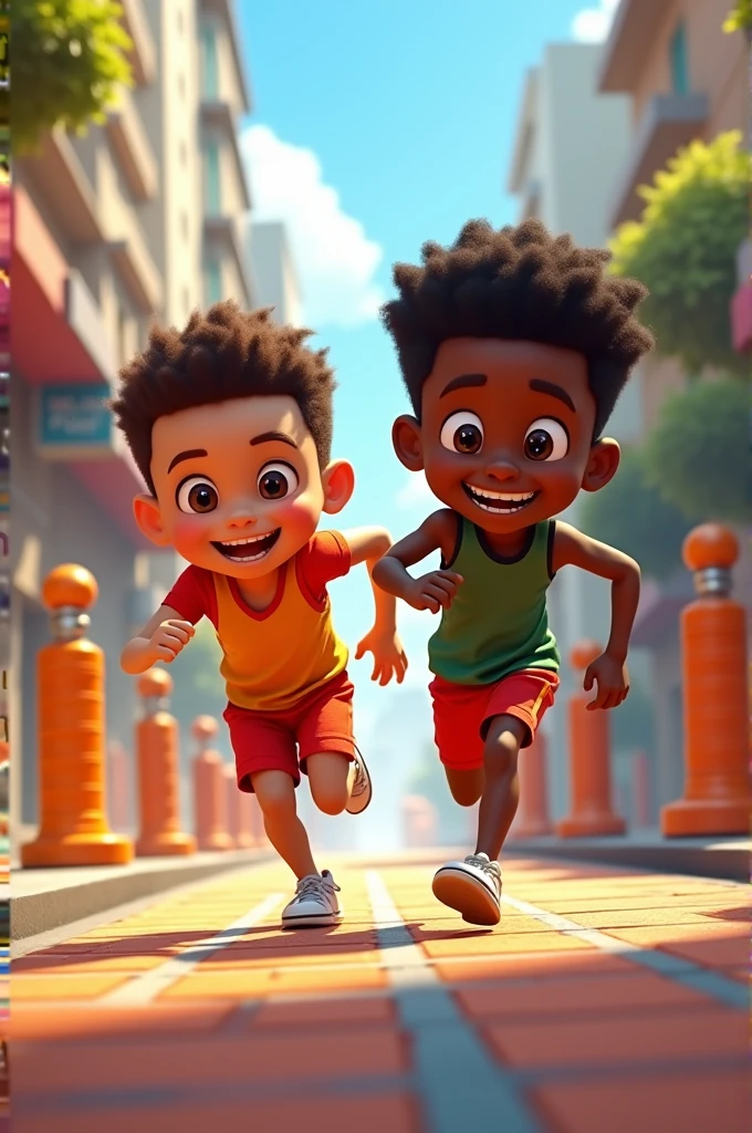 Create an animation of a black boy and a lighter-skinned boy running together and dodging obstacles
