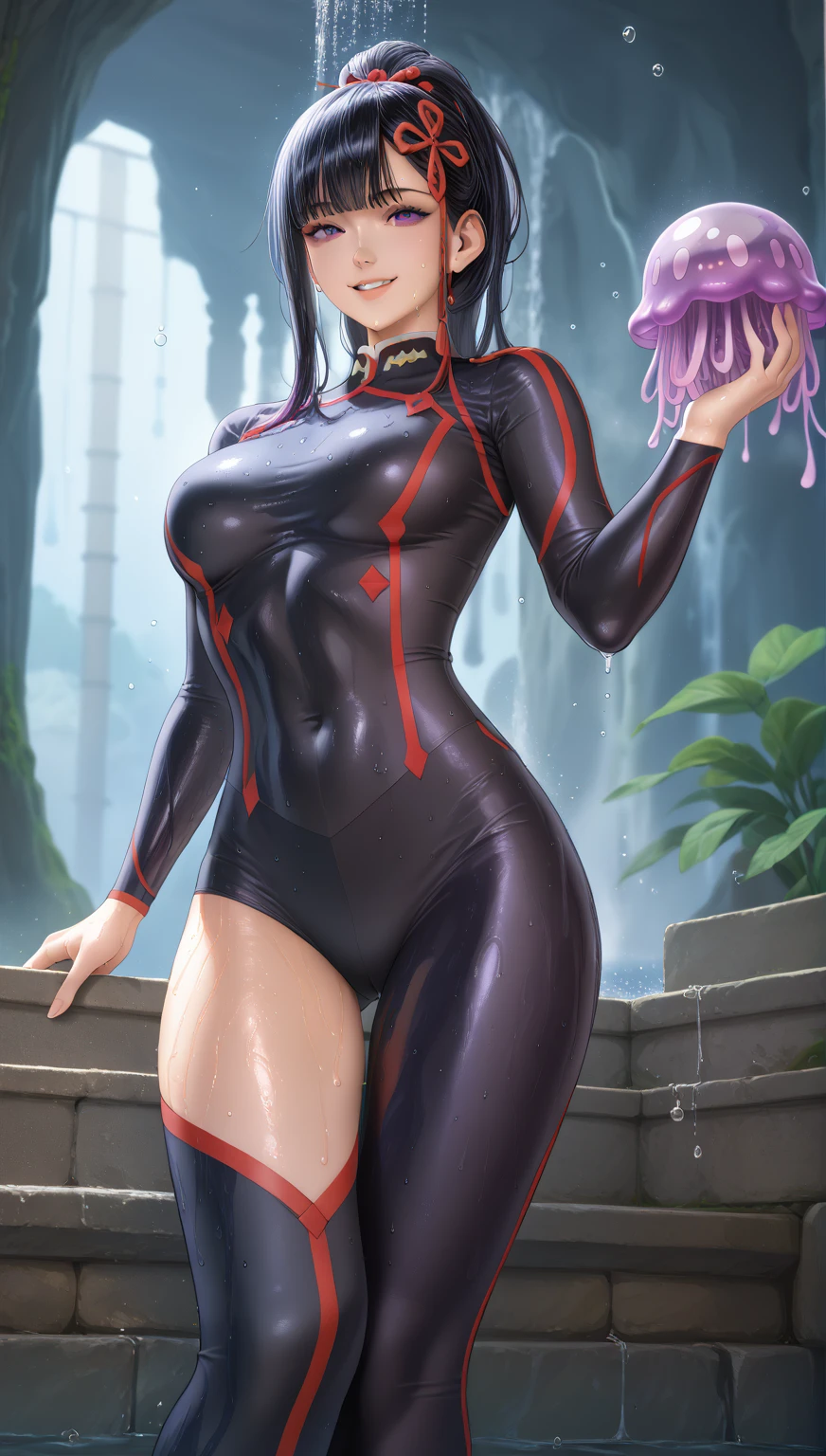 score_9, score_8_up, score_7_up, score_6_up, uncensored, yamahsiro ren, black hair, long hair, bangs, hair ornament, purple eyes, BREAK detailed eyes, perfect face, anatomically correct, detailed skin texture, (blush:0.5), (goosebumps:0.5), subsurface scattering, Anime Style, Manga Style, Hand drawn, cinematic, Sharp focus, humorous illustration, big depth of field, Masterpiece, concept art, trending on artstation, Vivid colors, Simplified style, trending on ArtStation, trending on CGSociety, Intricate, Vibrant colors, Soft Shading, Simplistic Features, Sharp Angles, Playful, excessive sweating, sweating profusely, sweating drop BREAK, 1girl, looking at viewer, smile, bubble, holding, solo, jellyfish, upper body, parted lips, water, water drop, slime \(creature\), sweating profusely, wet, 