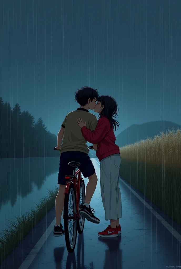 A boy and girl metting in a dark night in the road and in the side of the boy and gurl their was a cycles and it's raining and the boy sitting on a cycle and the gurl standing and they were kissing and rhe boy hand on gurl chest and gurl wearing baggy white pant and red baggy jacket of kelme and jordan shoes and the boy wearing balck jorts and brown formal tshirt and sneakers shoes the sky is dark and there is no lights and in left side river and at right side the frame of wheat