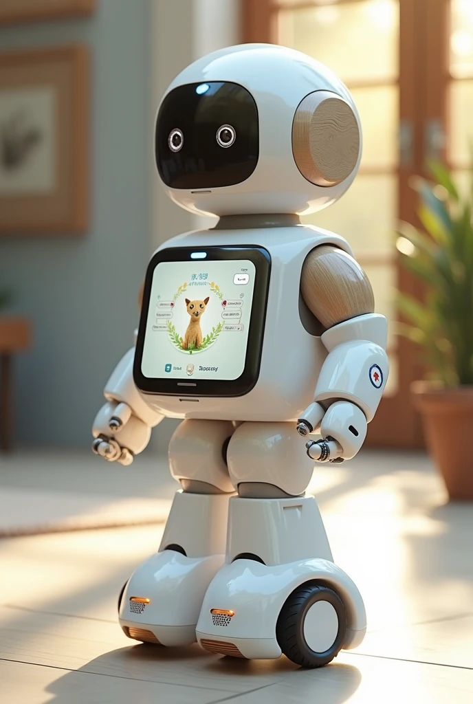 Friendly service robot has no arms nor legs. Have transparent screen display. Have hidden small wheels.  have transparent cabinet that can put things in it. Have white colour and little bit of wood pattern 