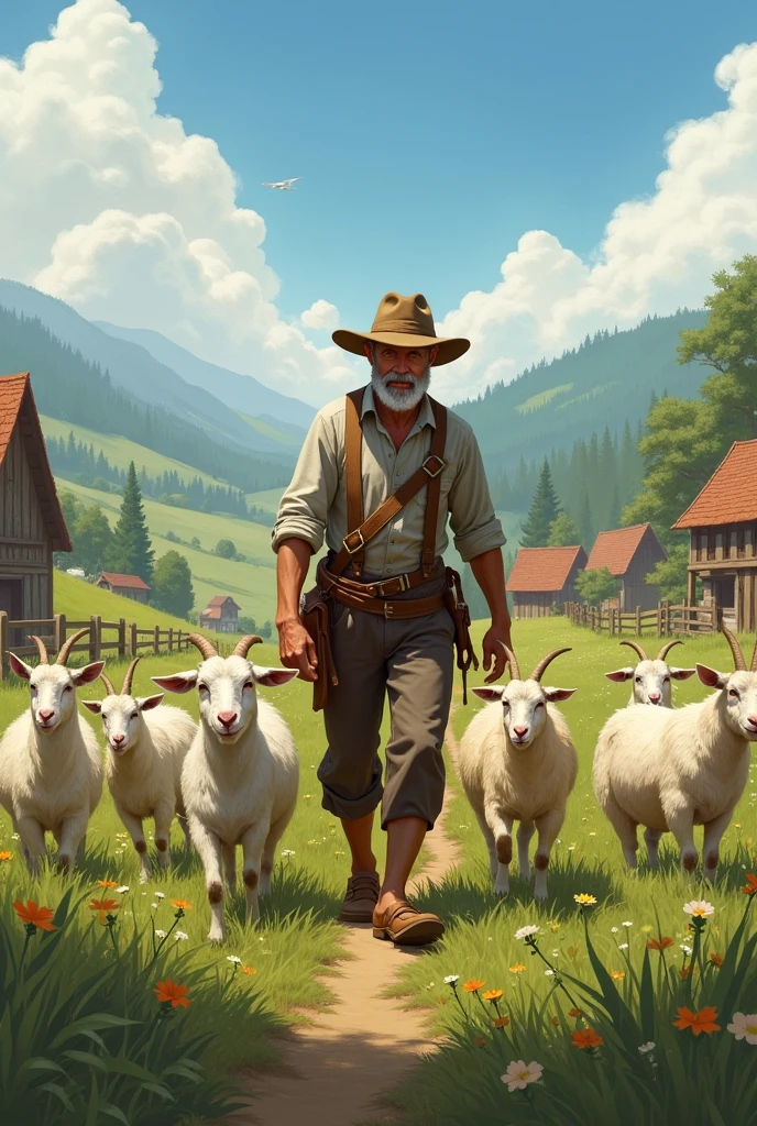 Farmer take care of goats in farm