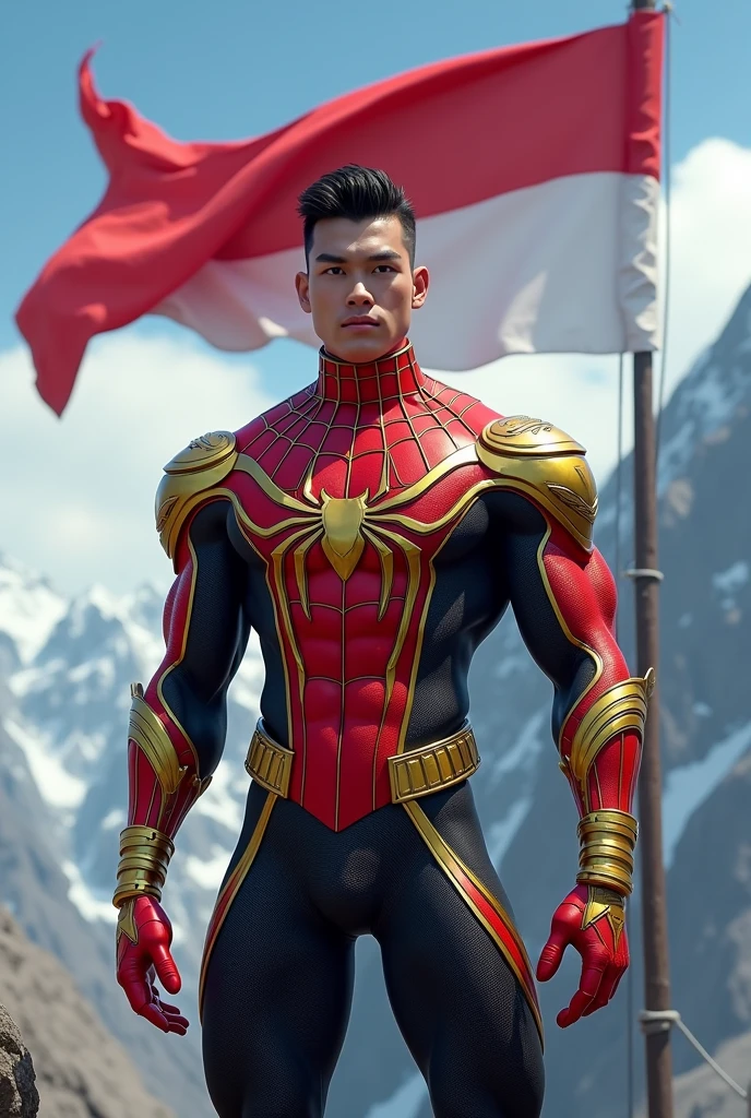 ultra realistic 3d animation wiro sableng dressed in spiderman complete with red black yellow gold clothing respectfully facing the red and white flag fluttering in the background at the top of the mountain image focus object