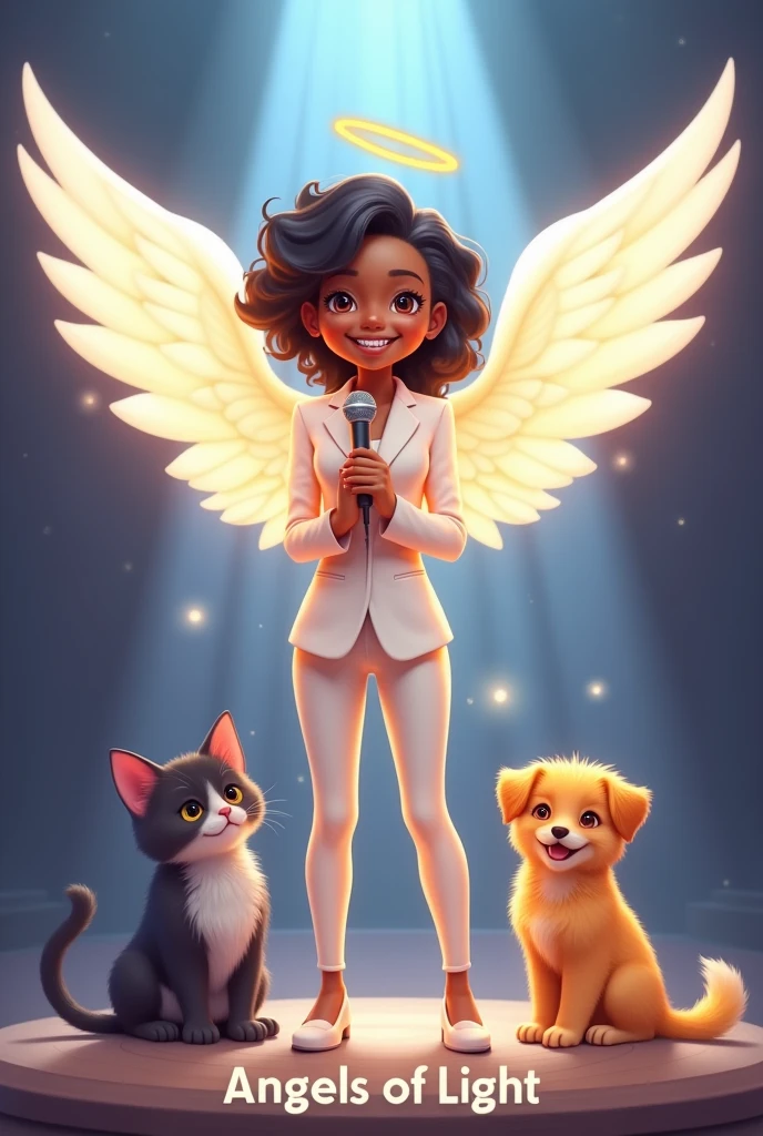 A brown skinned girl ,with big wings like an angel with a smile and braces on her teeth with black wavy hair in a beautiful white suit that is on a stage with a microphone and a very hairy dark lead colored kitten and a yellow Golden puppy and a white and yellow kitten and below it has some letters that say Angels of light
