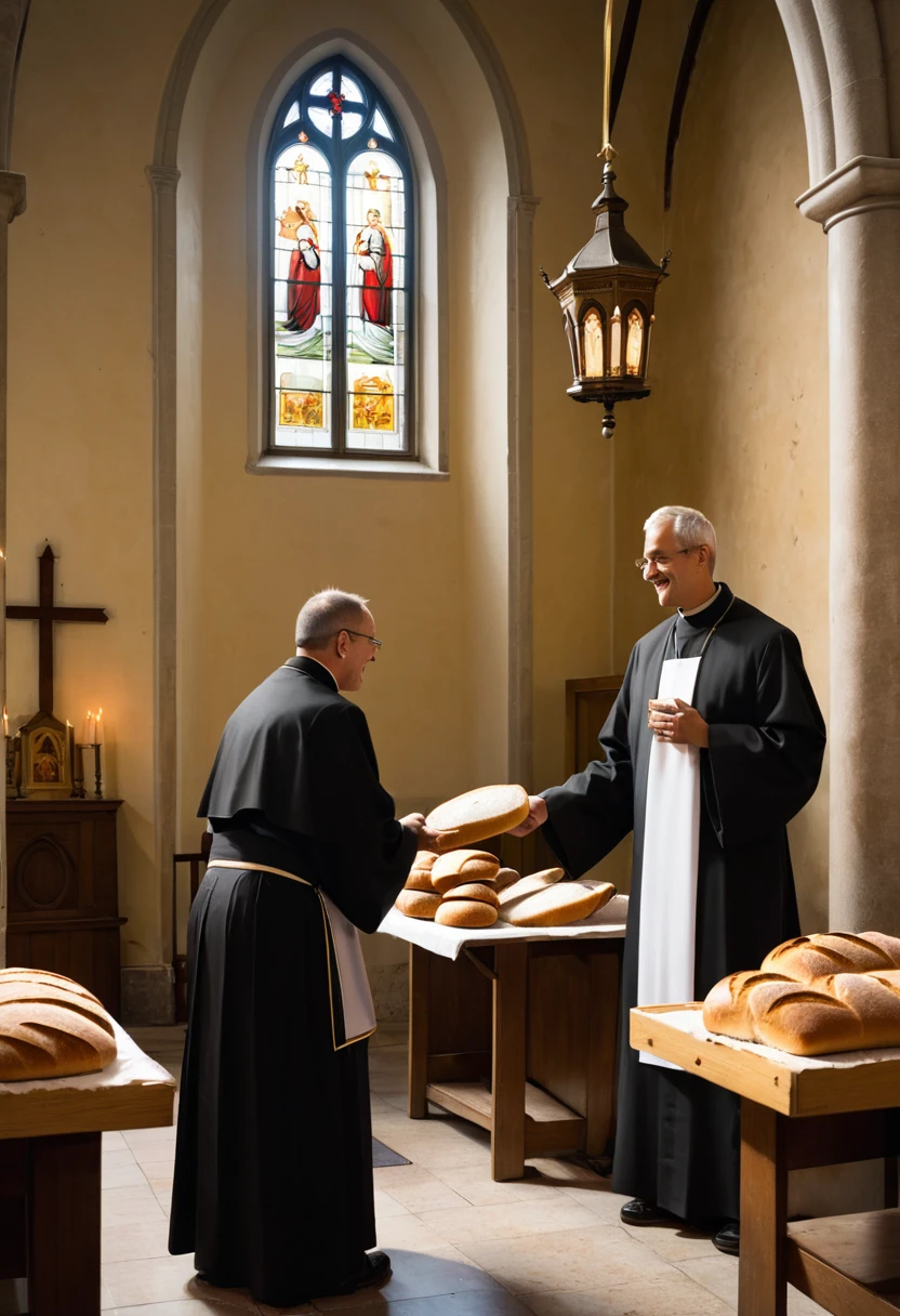 Christian church interior，A priest selling bread and a customer