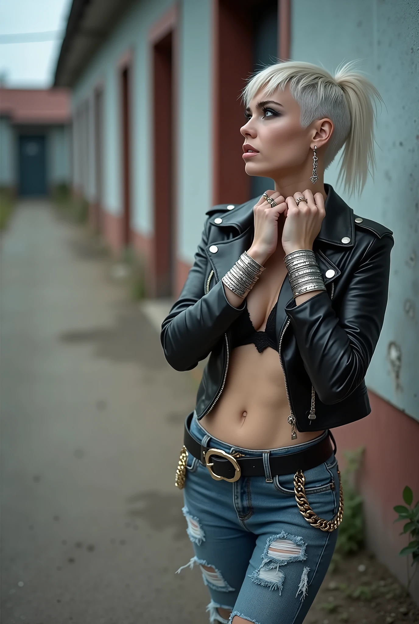 
russian milf woman, biker gang member, platinum hair (ponytail with shaved sides), with very light blue eyes, extremely pale, heavy eye shadows.. without bandana. Thin. Sad, humbled face. Wearing black moto jacket with hanging belts and side pockets with zippers. Black push up bra, skinny dark blue jeans with holes and white tennis sneakers. Lots of metallic bracelets. Tacky wide belt with massive skull and bones buckle . Both hands caress her neck. Lots of rings. Wide loop earrings. Looks up with amazement because she thinks God is talking to her,  