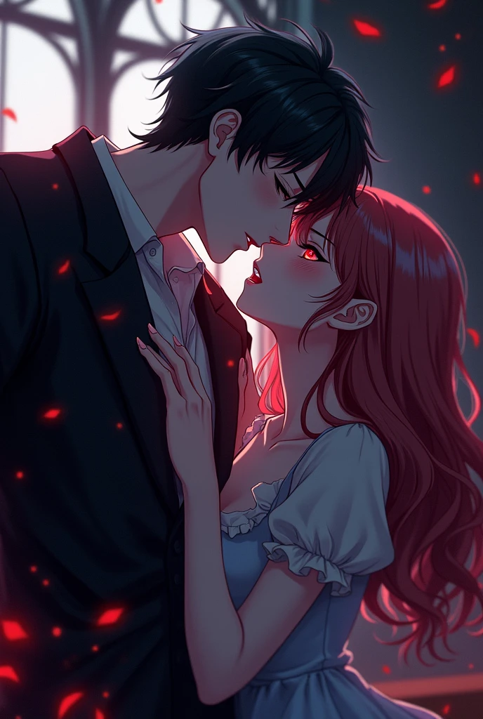 Handsome anime vampire boy is biting the neck of an anime girl and sucking her blood.