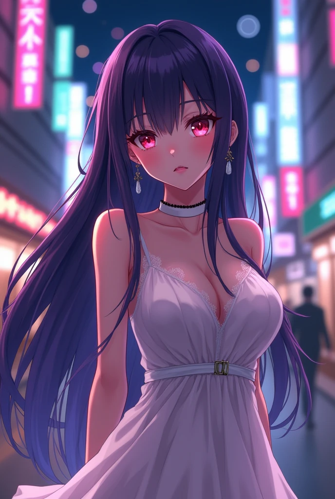 (Highest quality: 0.8), (Highest quality: 0.8), Perfect anime illustration, Close up portrait of beautiful woman walking in city。Very long purple hair、Large Breasts、赤面したRed eyes。 (((Browsing Caution))) Transparent white dress、Neon night city、Ultra-detailed、Ultra-detailed顔、Bright Eyes、Galaxy in the eye、Absurdな4kフルHD、pixiv Top、Very well done、Red eyes、Download file、Huge areola、erection (Love Juice 1;4) Absurd