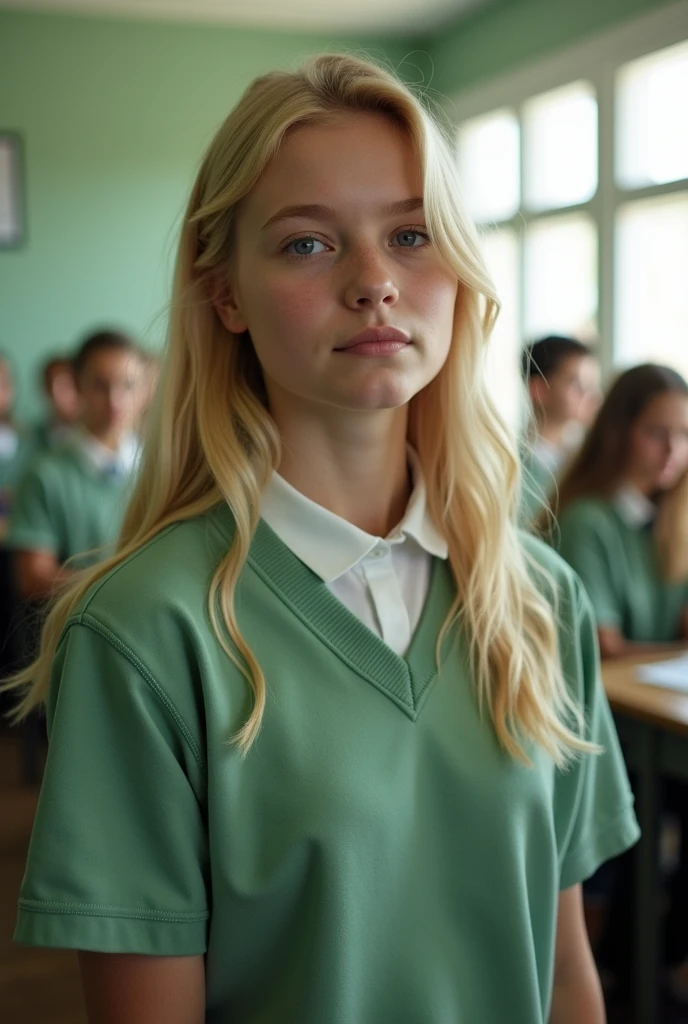 Image looking like a photo was taken at school with a light green uniform of a blonde ager