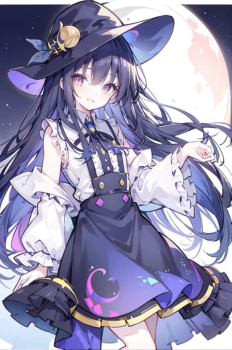 oung Girls,Humanity,A magician always smiles,big witch hat,cute,dark blue long hair,The eyes are dull,The bangs are heavy,Thin eyebrows,fantasy,intake,Double teeth,Star Theme,Constellation pattern,Solid color clothetal decoration,cloak,A bit of a dark atmosphere,A little crazy smile,When the big moon shines outside at night,blood,Hair black star embellishment,Short tie,No nails,High waist skirt,Bell sleeves,Long-sleeved shirt,Black tie,low risk,gentlemen。Mist、Yellow and white effect，Shocking pink as an accent color