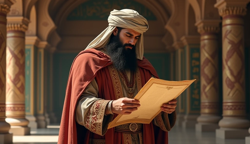 In Islamic antiquity. A Muslim warrior wearing war clothing holds in his hands a paper from the Islamic era and looks at it. He stands inside the palace of the Islamic Caliphate. He has a beard and wears a turban.