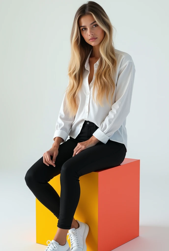 best qualityer:1.4), (ultra high resolution:1.2), (photorrealistic:1.4), (8k, CRU photo:1.2), 1womanl. Long, straight blonde hair with black highlights. eyes browns. he's wearing a white shirt. black pantaloon pants. White sneakers. She is sitting on top of a colorful cube, is in the studio with a white background. She is Brazilian