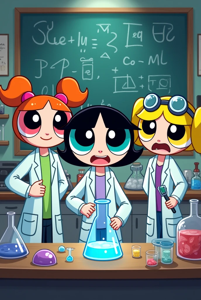 Powerpuff Girls in lab coats in an experiment lab with experiment materials 