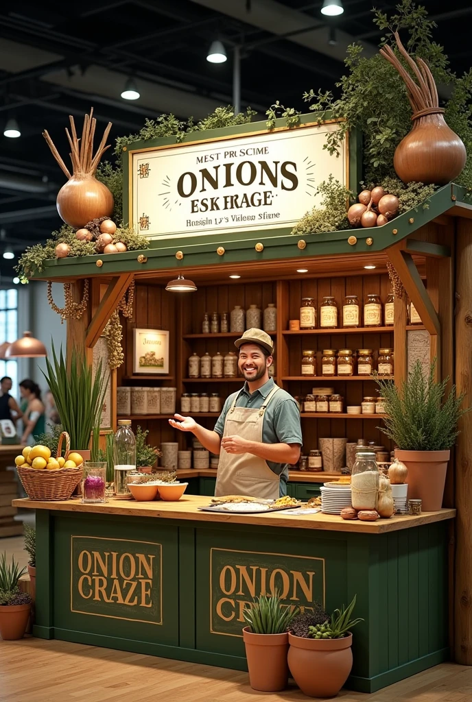 Generate an image of a decorated stand for an Expo selling an onion dip called onion craze that is somewhat rustic with green and white colors but that impresses with the small details that it will have but at the same time is not so professional that it only has one table and you have many things related to onions.

